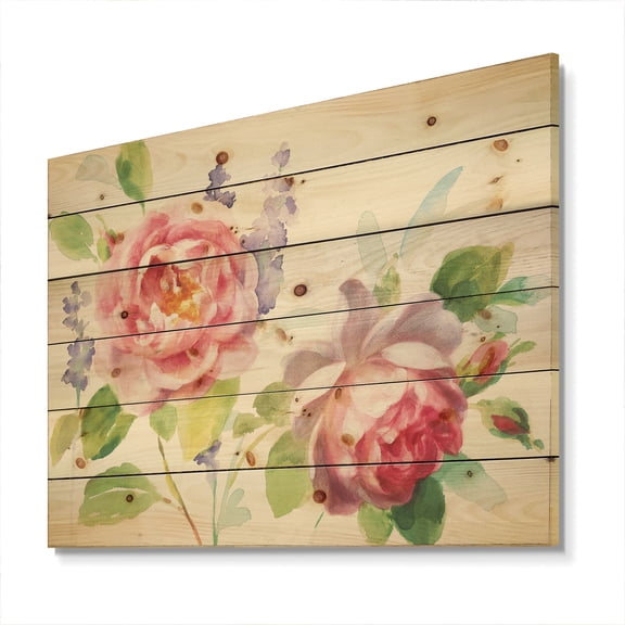 Designart 'Watercolor Roses Bouqet' Shabby Chic Print on Natural Pine Wood