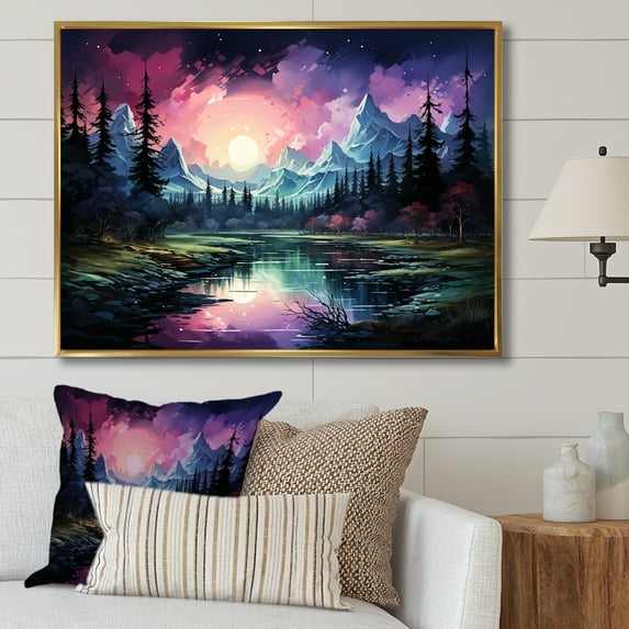 Designart "Watercolor Scenery Of Aurora Borealis II" Aurora Borealis Floater Framed Wall Art Prints