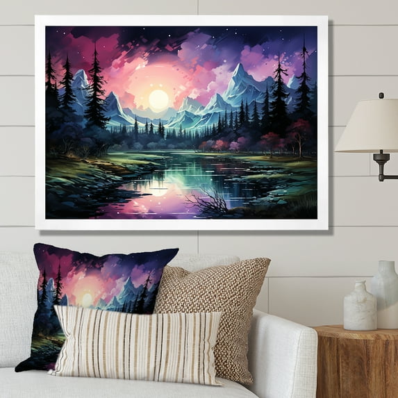 Designart "Watercolor Scenery Of Aurora Borealis II" Aurora Borealis Picture Framed Wall Art Prints