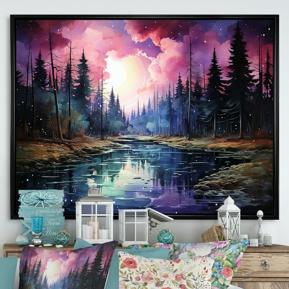 Designart "Watercolor Scenery Of Aurora Borealis III" Aurora Borealis Floater Framed Wall Art Living Room