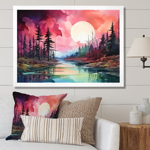 Designart "Watercolor Scenery Of Aurora Borealis V" Aurora Borealis Picture Framed Canvas Prints
