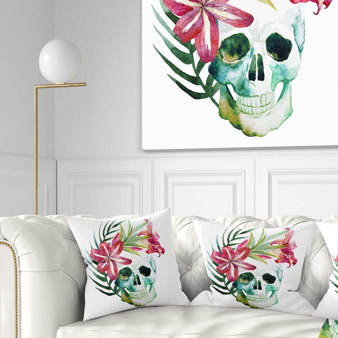 Designart Watercolor Skull with Flowers - Floral Throw Pillow - 16x16