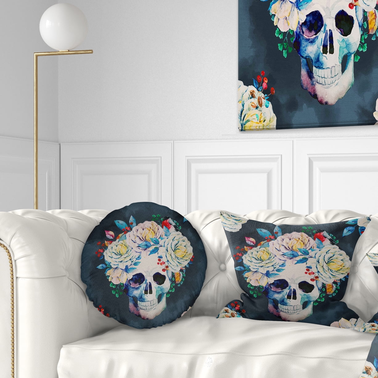 Designart Watercolor Vector Skull - Floral Throw Pillow - 12x20