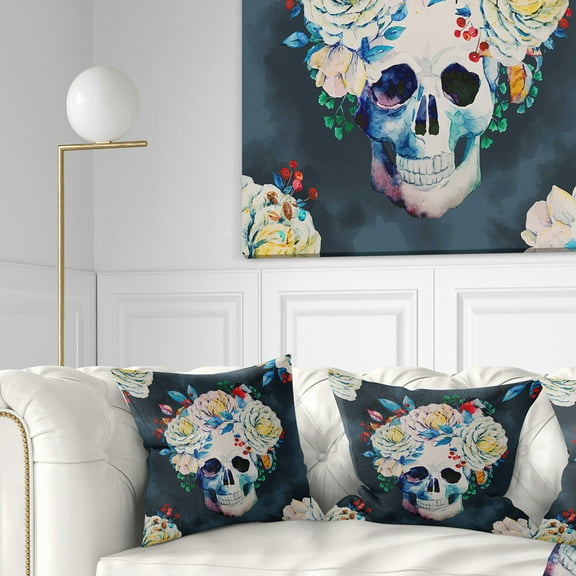 Designart Watercolor Vector Skull - Floral Throw Pillow - 16x16