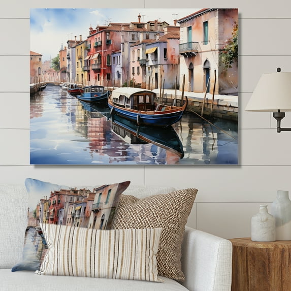 Designart "Watercolor Whimsy Beige Canal art painting II" Canals Canvas Print