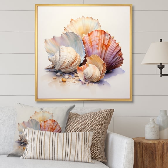 Designart "Watercolor White Seashells composition I" Animals Floater Framed Canvas Art Print