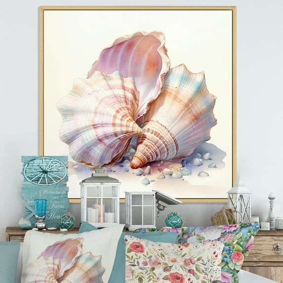 Designart "Watercolor White Seashells composition II" Animals Floater Framed Canvas Wall Art