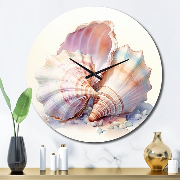 Designart "Watercolor White Seashells composition II" Animals Oversized Wall Clock