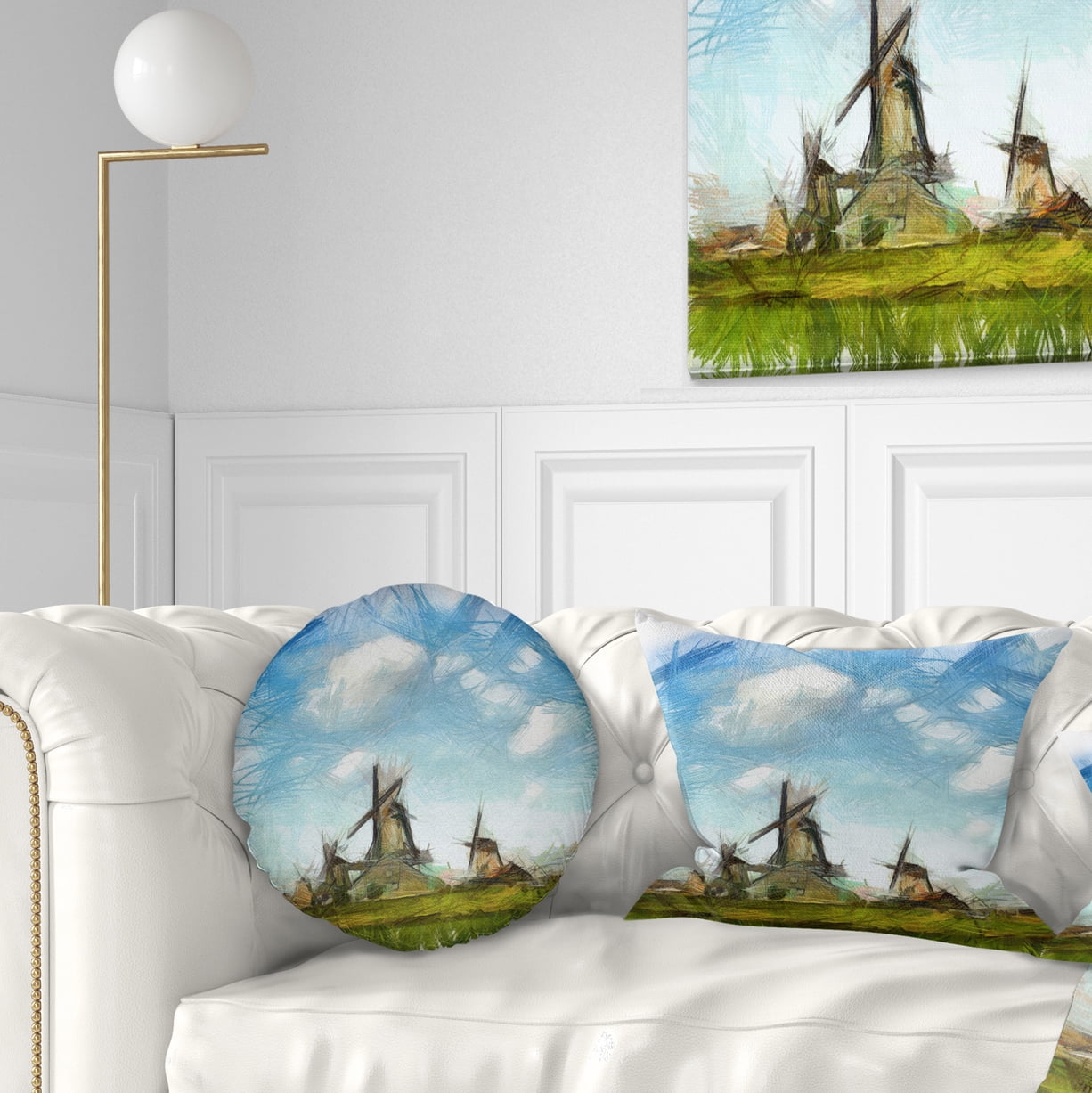 Designart Watercolor Windmill in Netherlands - Landscape Printed Throw Pillow - 12x20