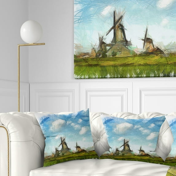 Designart Watercolor Windmill in Netherlands - Landscape Printed Throw Pillow - 18x18
