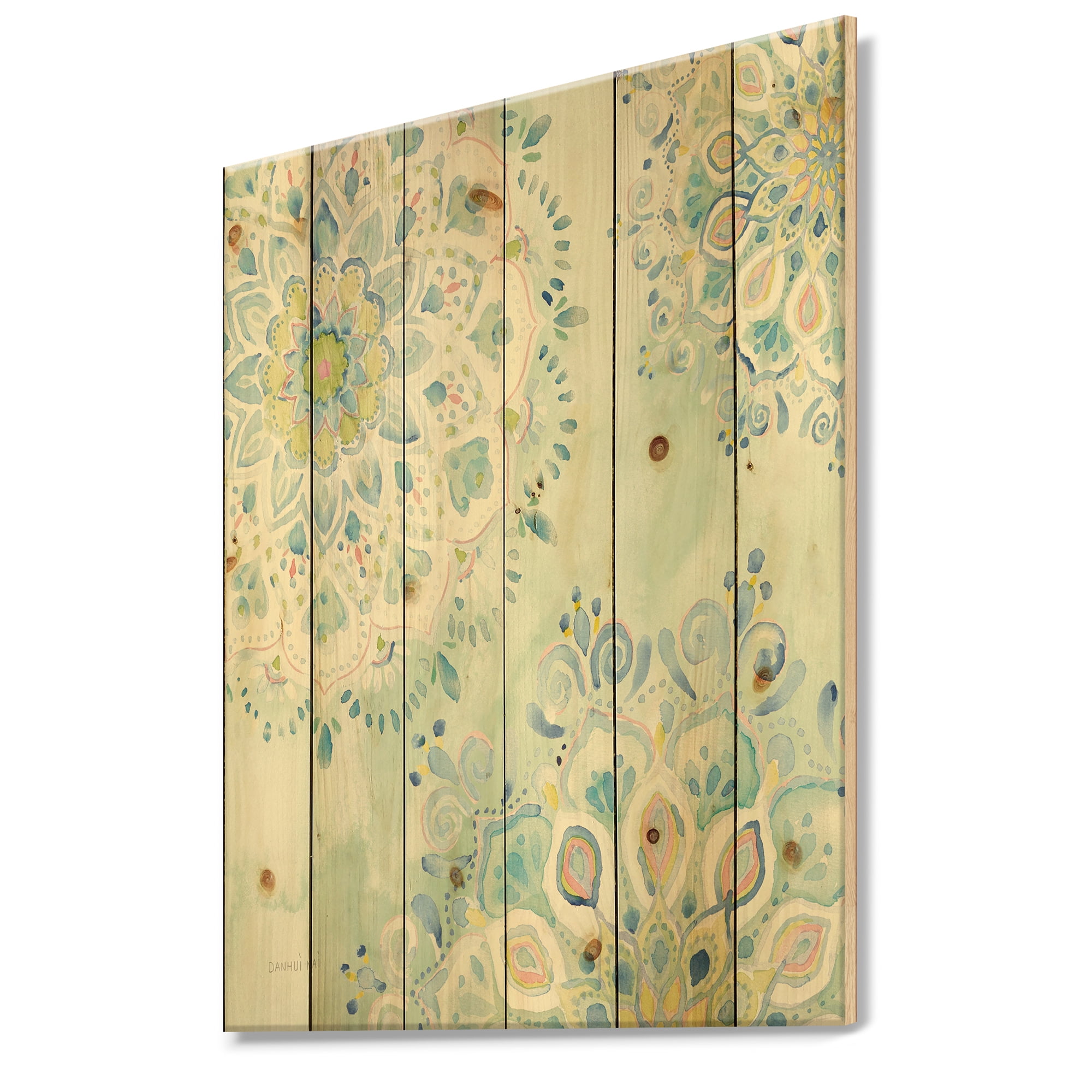 Designart 'Watercolor mandalas III' Floral & Botanical Print on Natural Pine Wood
