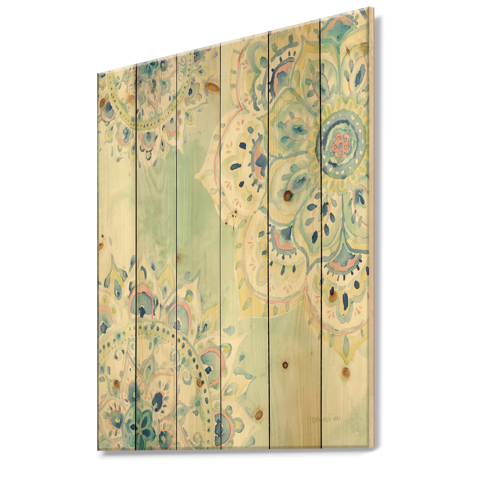Designart 'Watercolor mandalas IV' Floral & Botanical Print on Natural Pine Wood