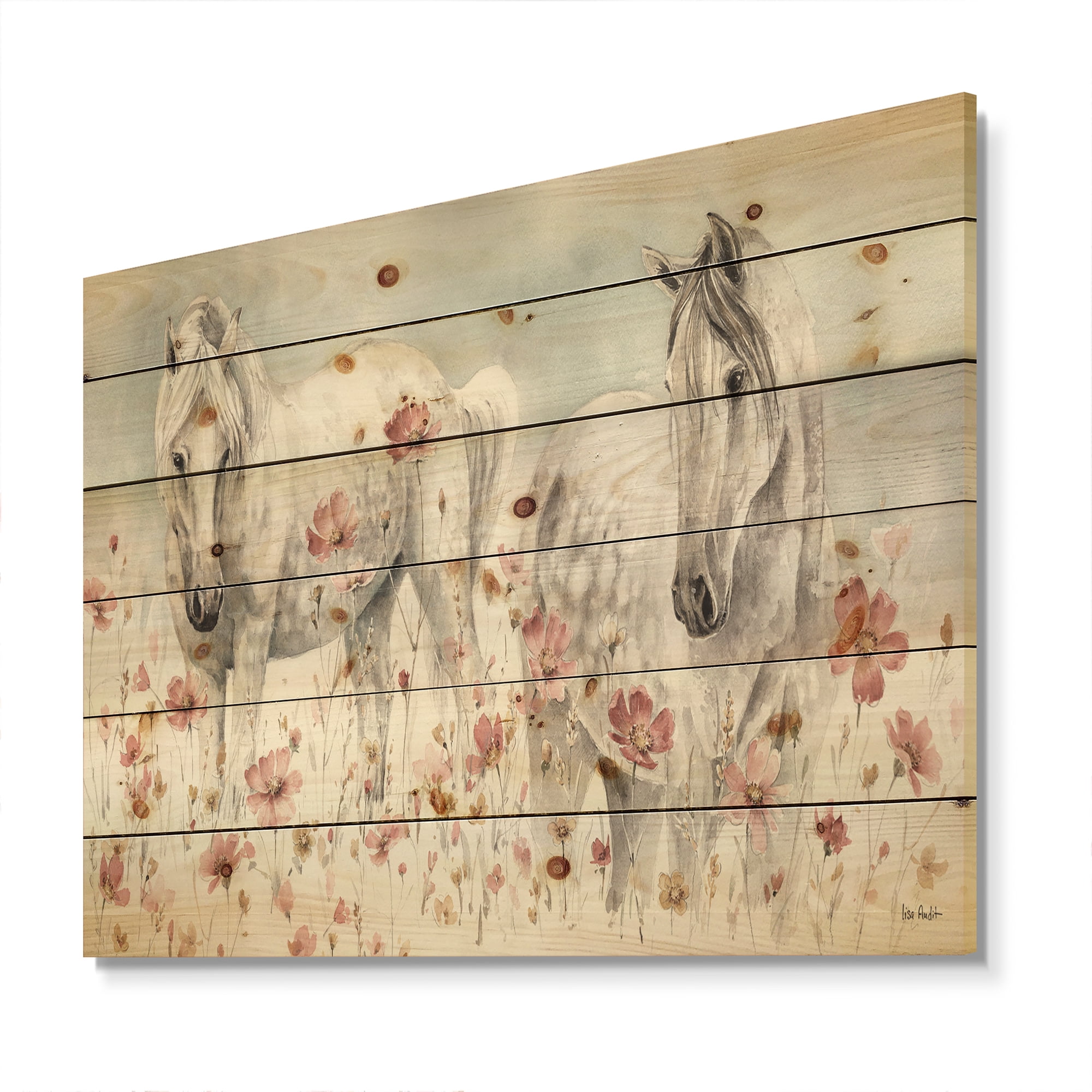 Designart 'Watercolors Pink Wild Horses ' Farmhouse Print On Natural Pine Wood