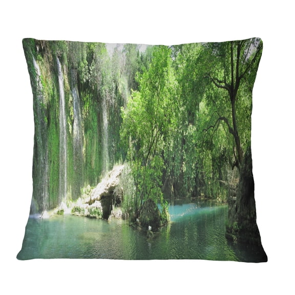 Designart Waterfall Cascade in Deep Forest - Landscape Printed Throw Pillow - 18x18