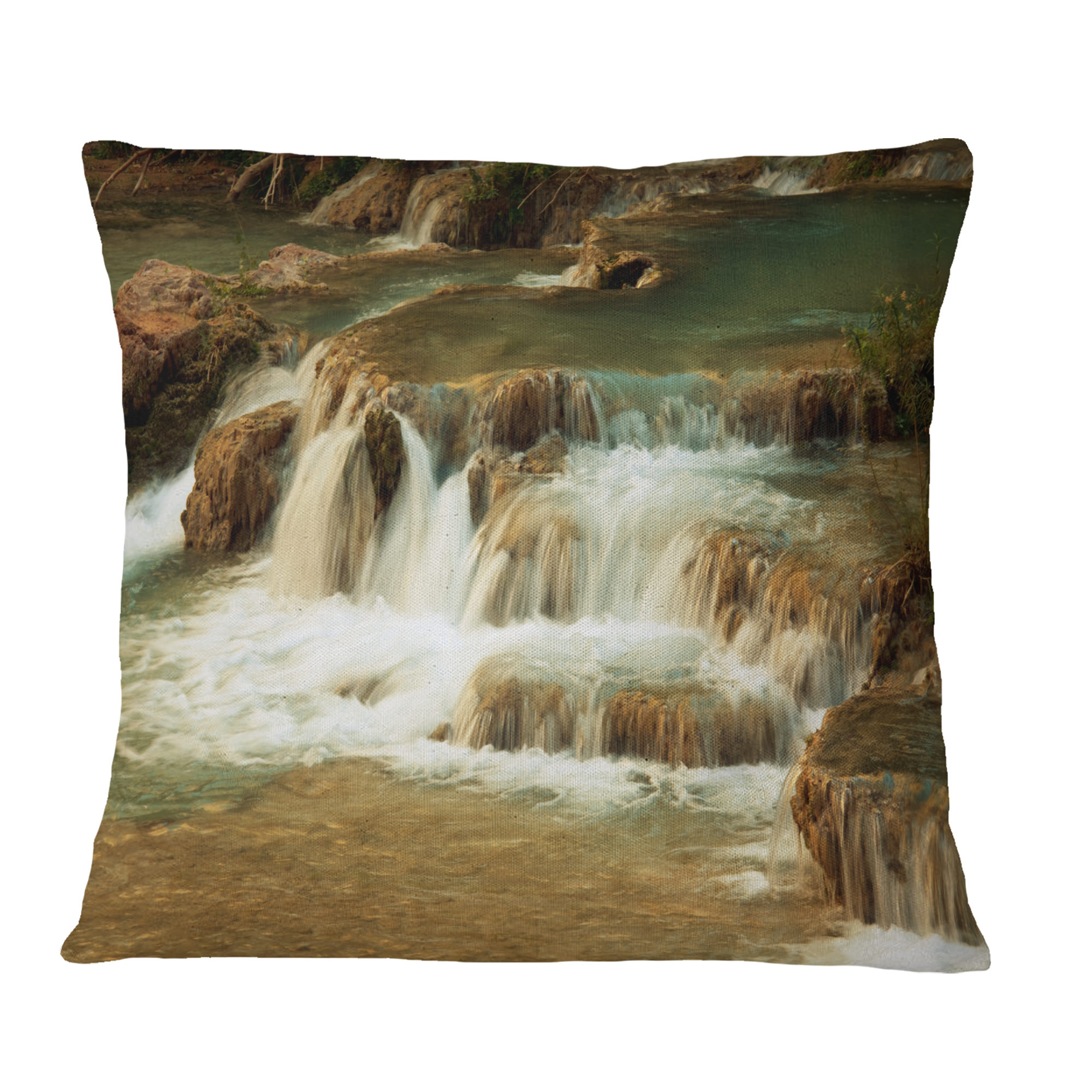 Designart Waterfall Cascade with White Waters - Modern Landscape Printed Throw Pillow - 16x16
