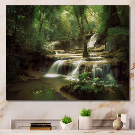 Designart "Waterfall In Dense Forest II" Landscape Mountains Canvas Print