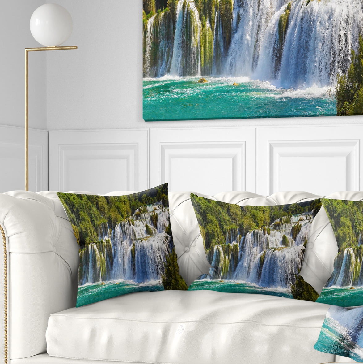 Designart Waterfall KRKA Panorama - Landscape Photography Throw Pillow - 18x18