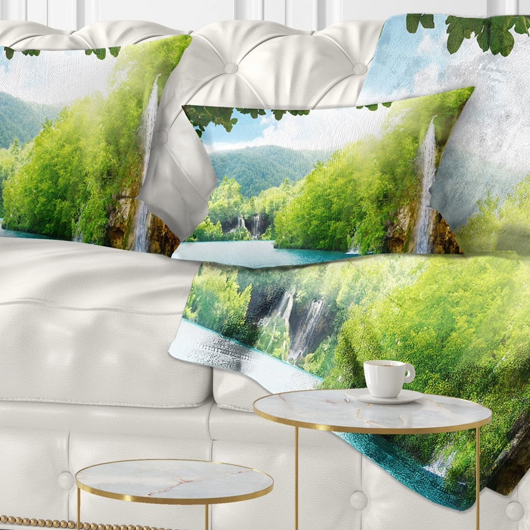 Designart Waterfall in Deep Forest - Landscape Photography Throw Pillow - 12x20