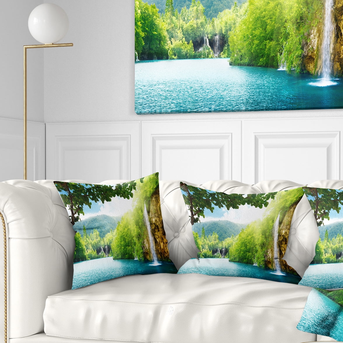 Designart Waterfall in Deep Forest - Landscape Photography Throw Pillow - 16x16