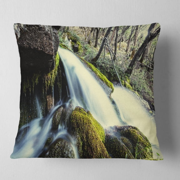 Designart Waterfall in Forest on Rocks - Seashore Throw Pillow - 16x16