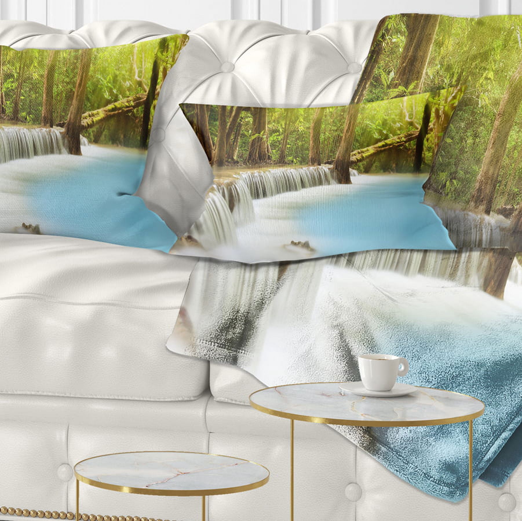 Designart Waterfall of Huai Mae Kamin - Landscape Printed Throw Pillow - 12x20