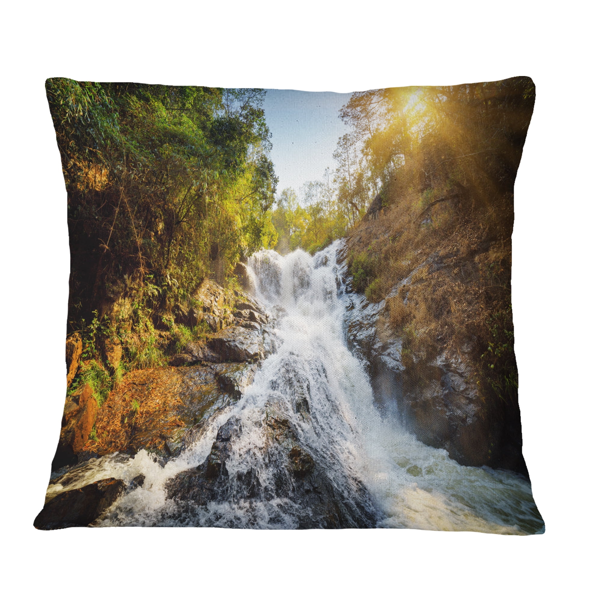 Designart Waterfall through the Forest - Landscape Printed Throw Pillow - 18x18