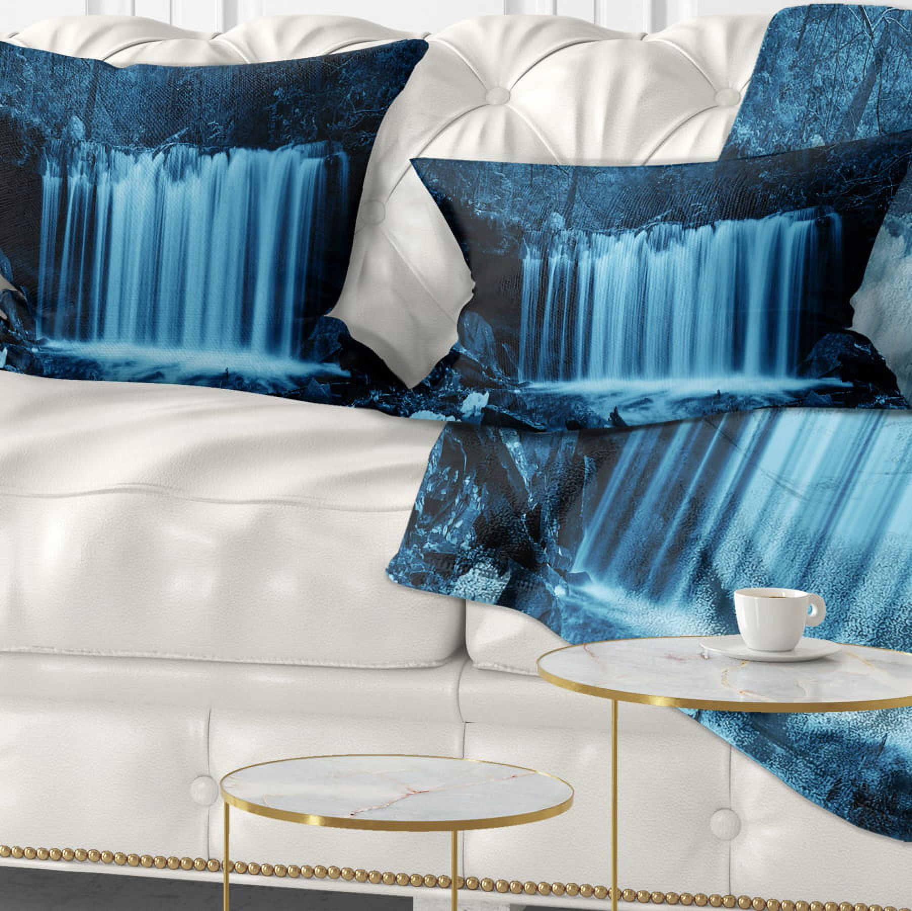 Designart Waterfalls in Wood Black and White - Landscape Printed Throw Pillow - 12x20
