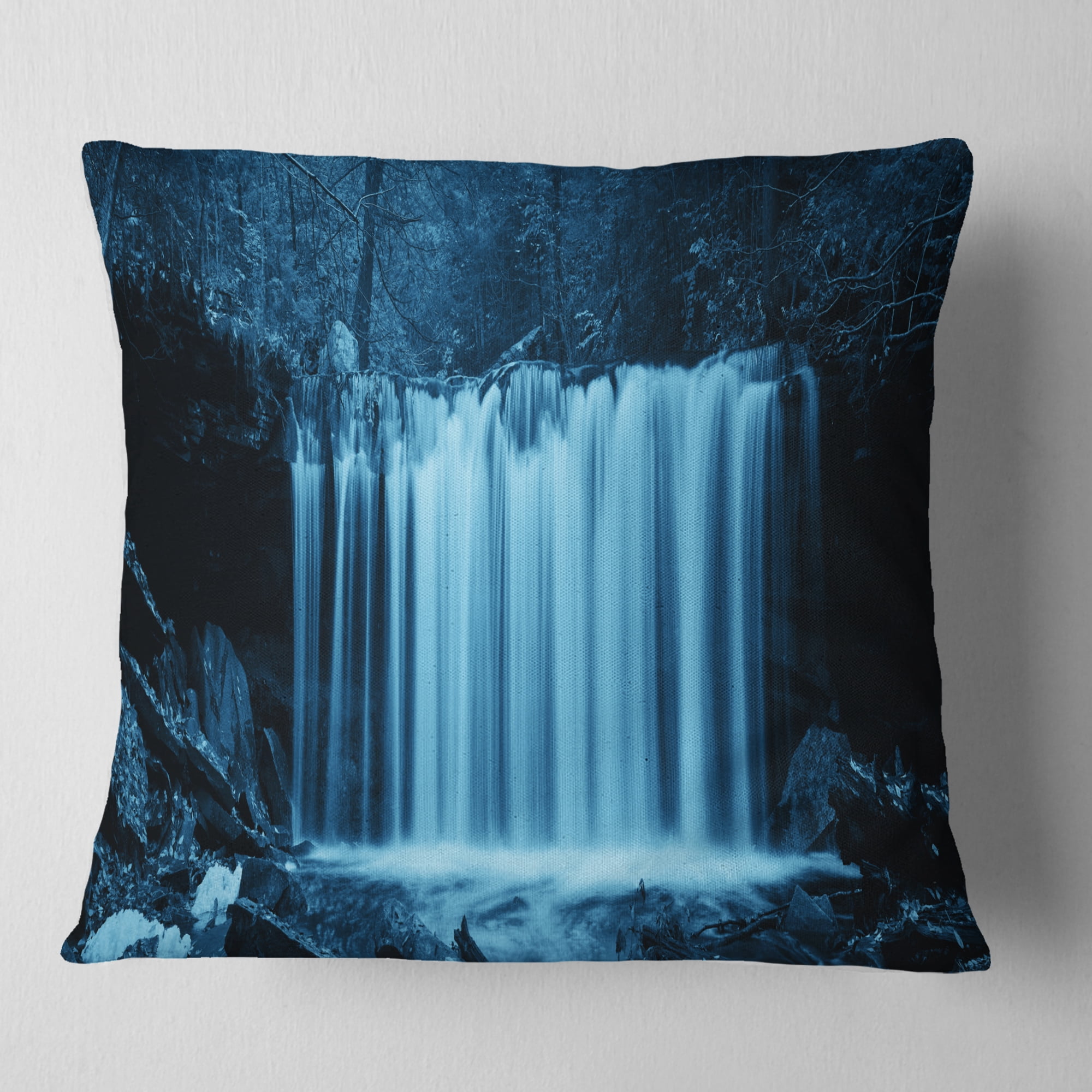 Designart Waterfalls in Wood Black and White - Landscape Printed Throw Pillow - 18x18