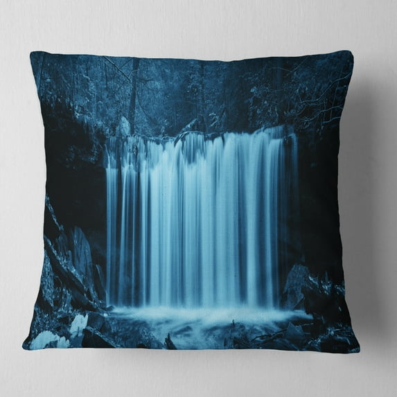 Designart Waterfalls in Wood Black and White - Landscape Printed Throw Pillow - 18x18