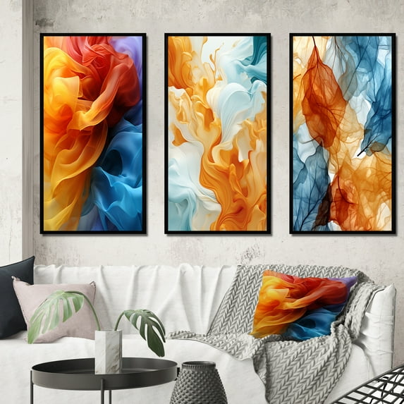 Designart "Wave Pattern in Yellow, Red, and Blue" Abstract Shapes Framed Wall Art Set Of 3 - Blue Transitional Frame Gallery Wall Set For Home Decor