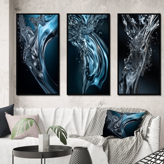 Designart "Waveform Dreams Black Monochrome Vision" Fractals Framed Wall Art Set Of 3 - Black Fractals Frame Gallery Set For Office Decor