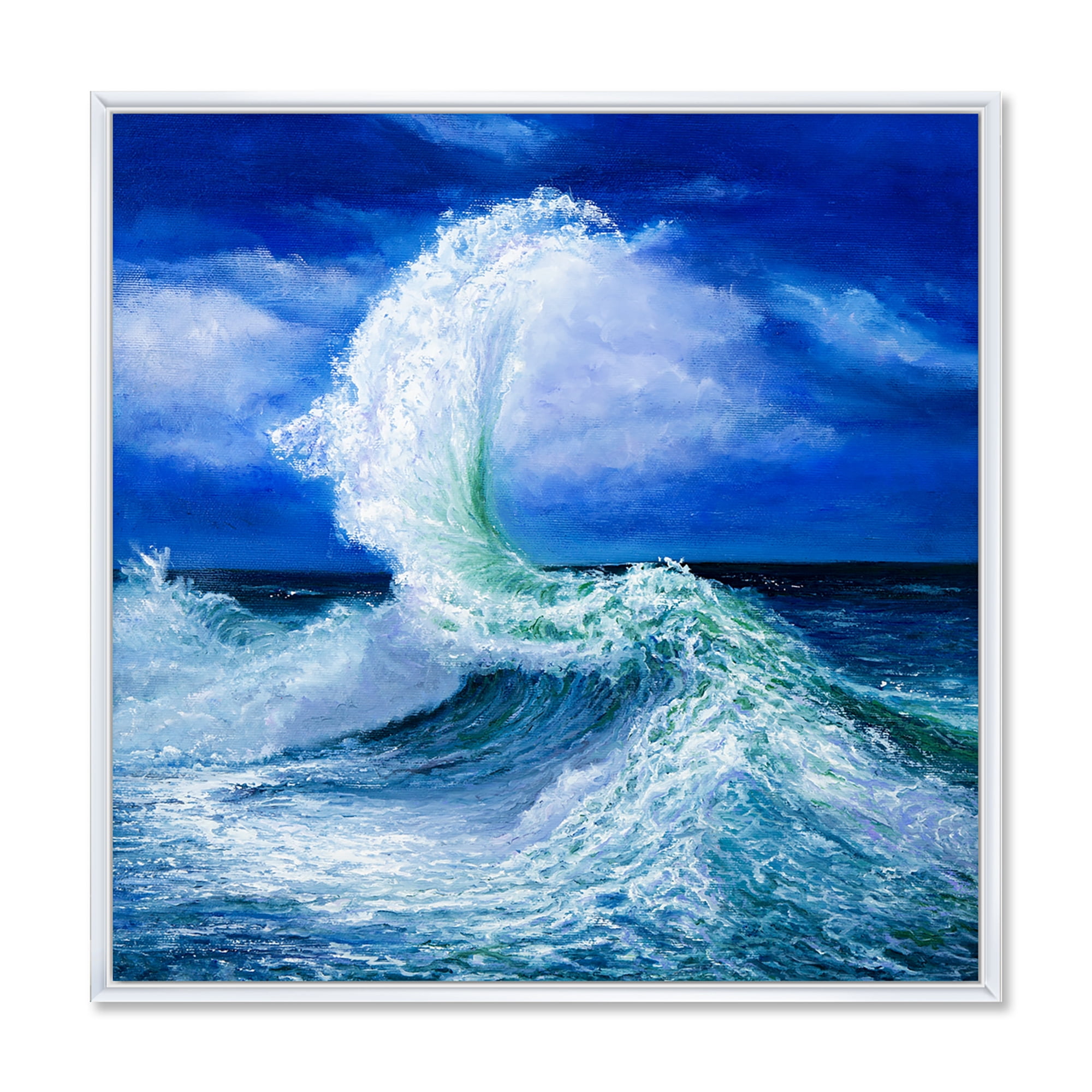 Designart 'Waves Breaking During Wild Blue Ocean Tide' Nautical & Coastal Framed Canvas Wall Art Print