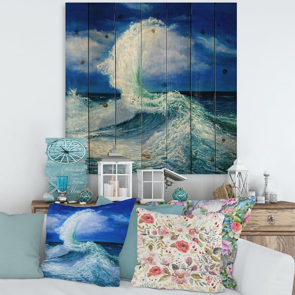 Designart 'Waves Breaking During Wild Blue Ocean Tide' Nautical & Coastal Print on Natural Pine Wood
