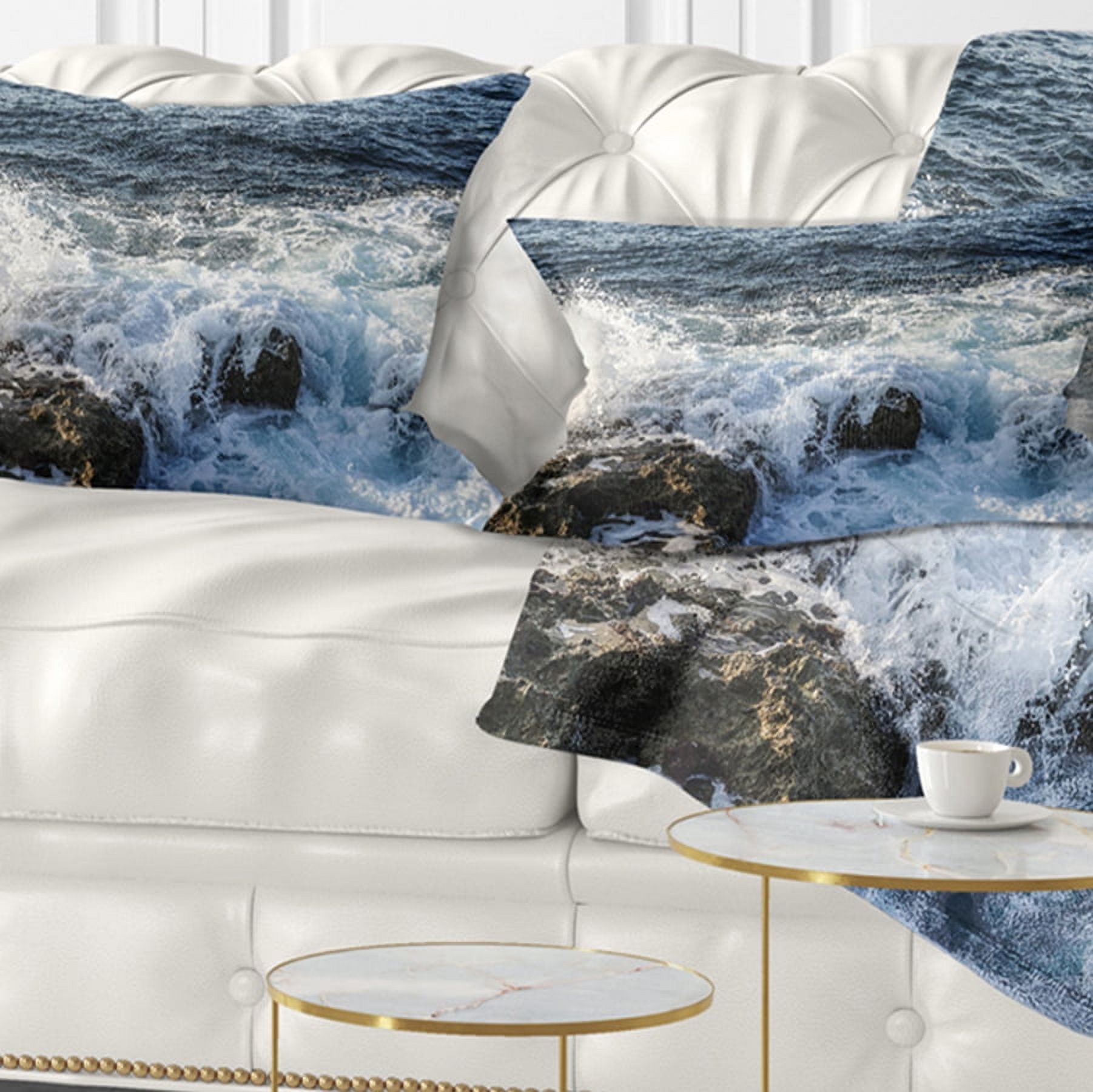 Designart Waves Breaking on Stony Beach - Seashore Throw Pillow - 12x20