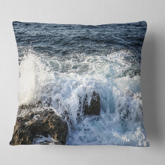 Designart Waves Breaking on Stony Beach - Seashore Throw Pillow - 18x18