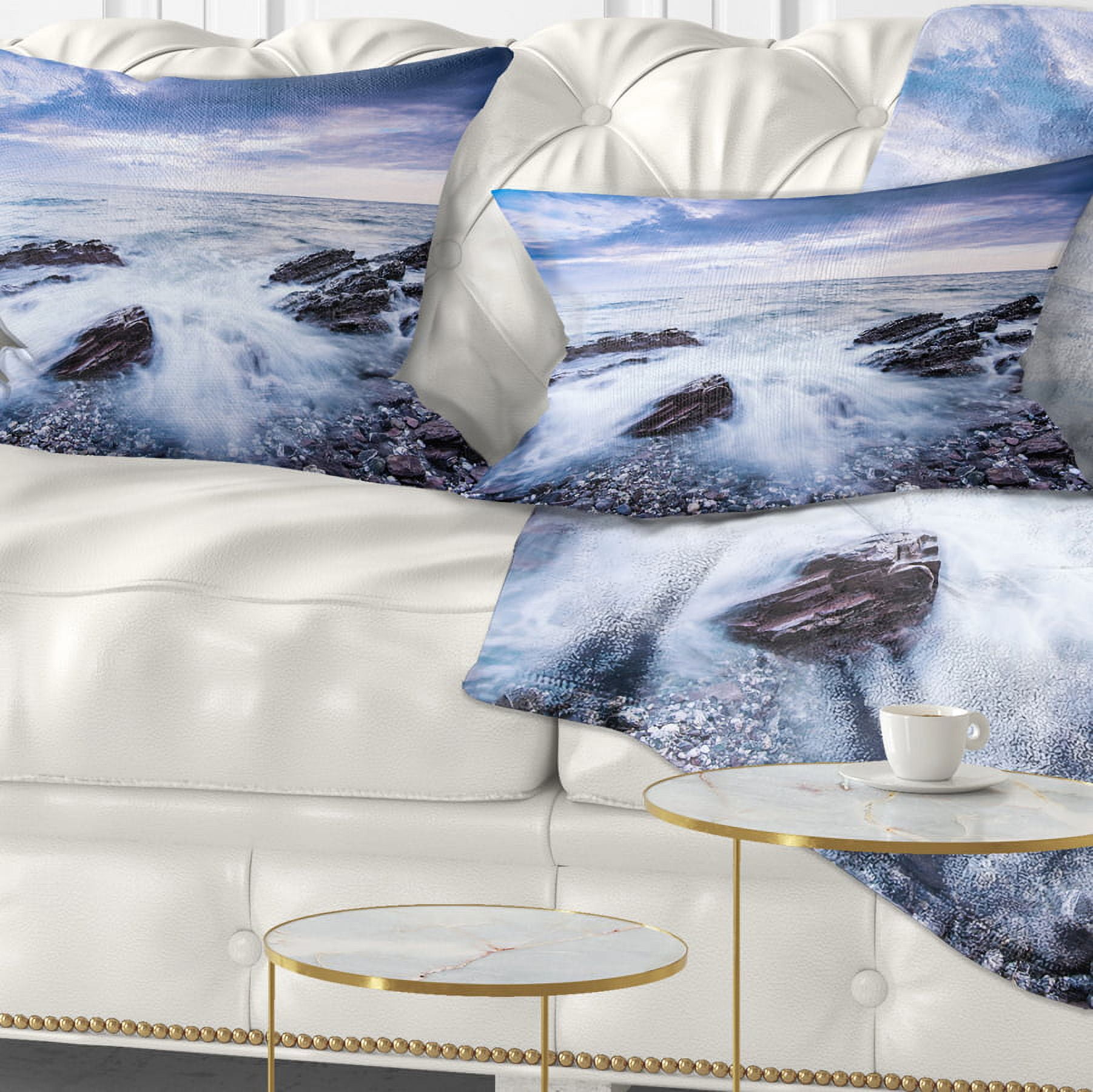 Designart Waves Crashing At Beach - Seascape Throw Pillow - 12x20