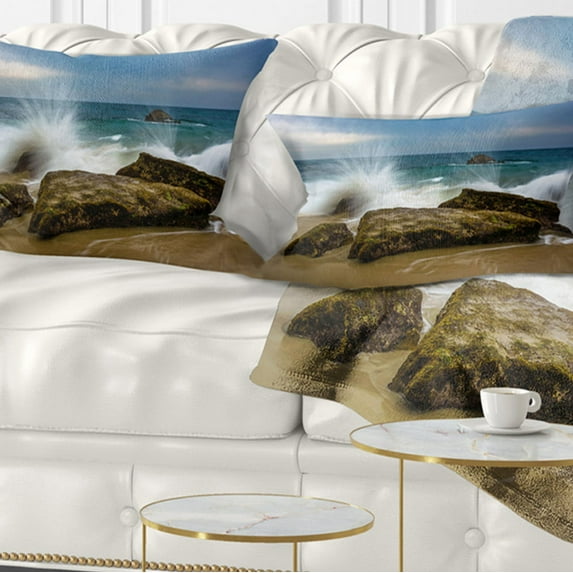 Designart Waves Crashing Rocks at Woods Cove - Seascape Throw Pillow - 12x20