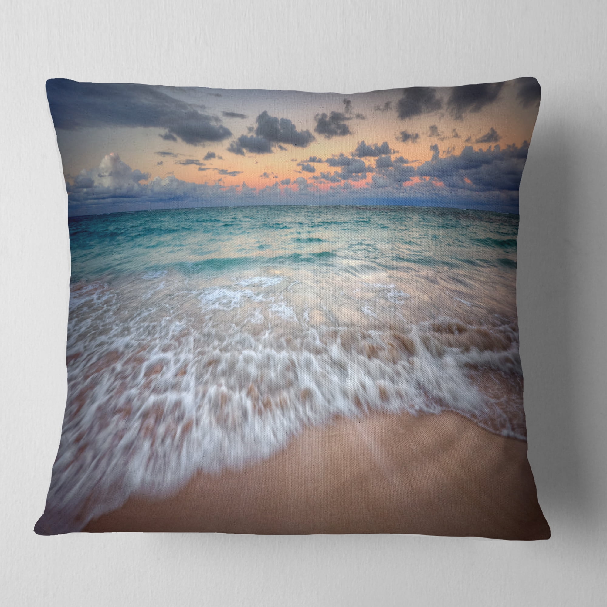 Designart Waves Crashing Serene Seashore - Seascape Throw Pillow - 16x16