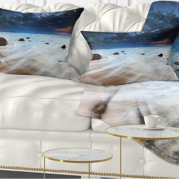 Designart Waves Flowing Over Boulders - Seashore Photo Throw Pillow - 12x20