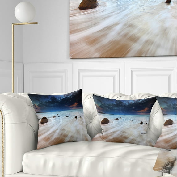 Designart Waves Flowing Over Boulders - Seashore Photo Throw Pillow - 18x18