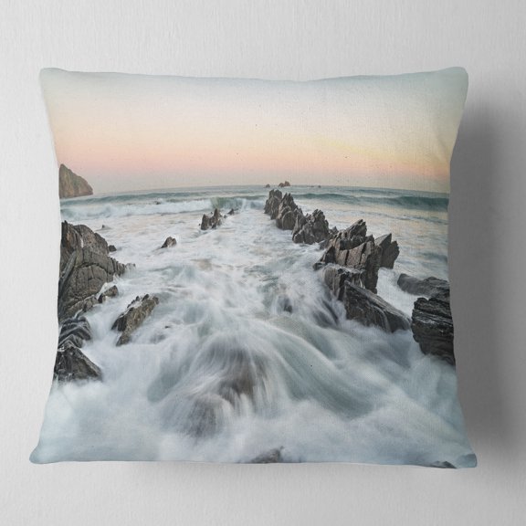 Designart Waves Hitting Beach at Sunrise Atlantic - Seashore Throw Pillow - 16x16
