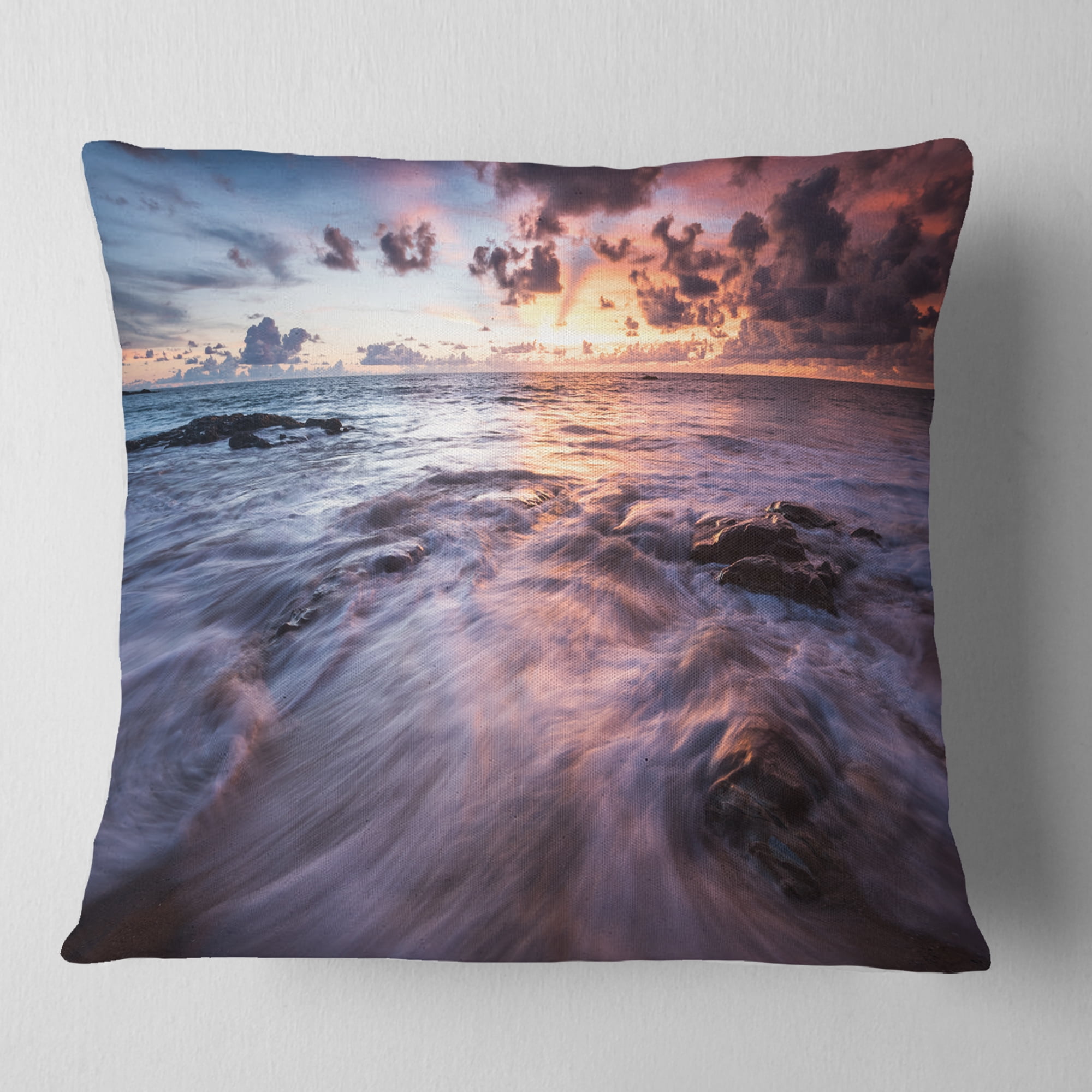 Designart Waves Hitting Rocky Beach - Beach Photo Throw Pillow - 18x18