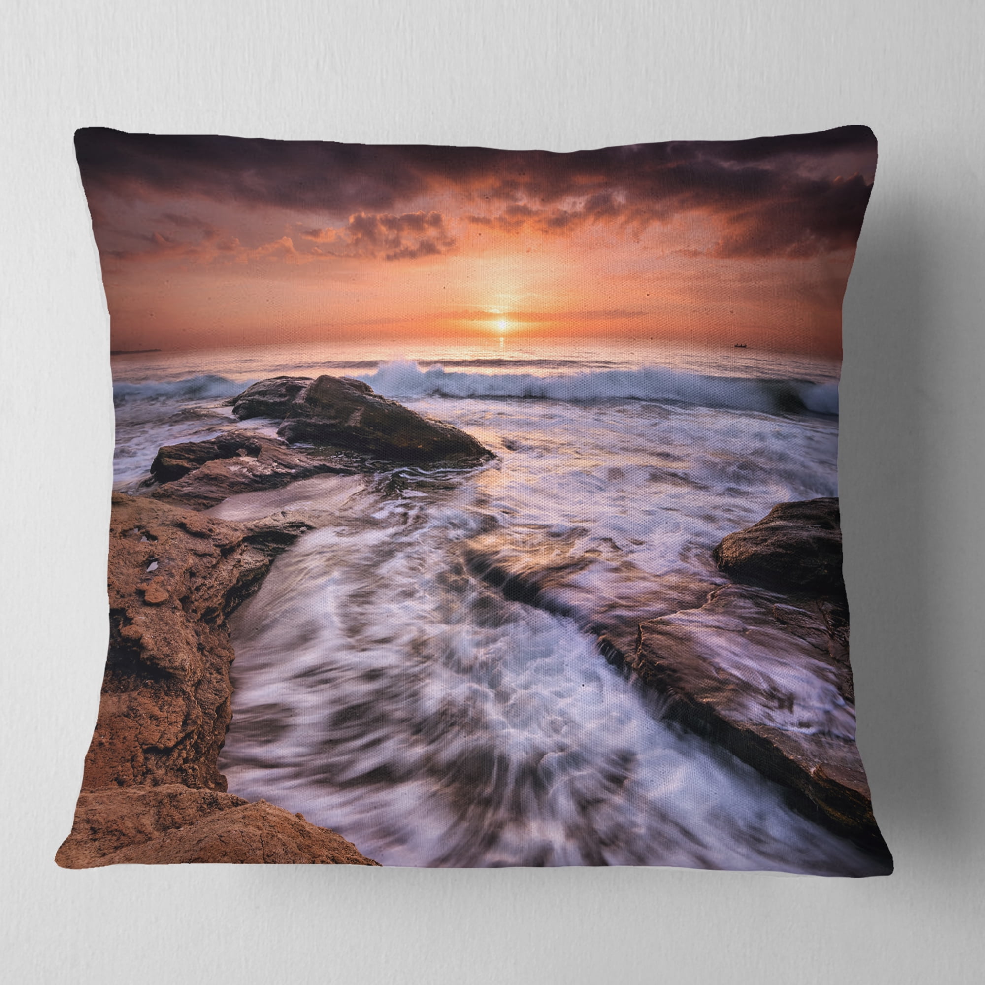 Designart Waves Hitting Rocky Beach Burgas Bay - Seashore Throw Pillow - 18x18