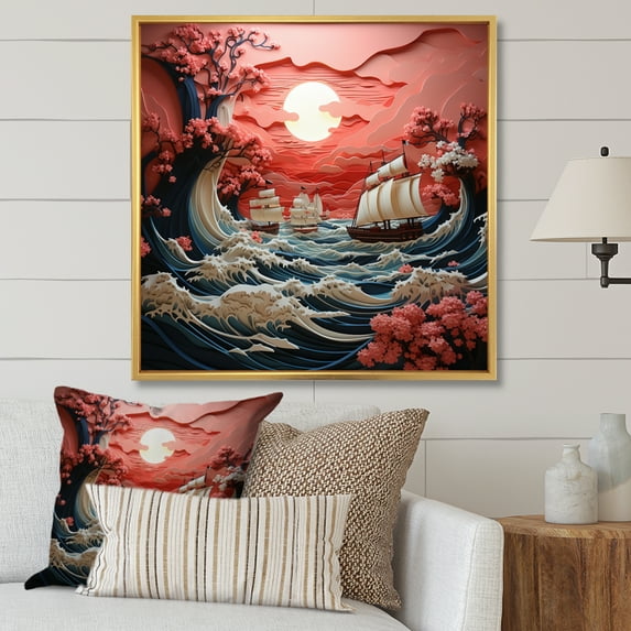 Designart "Waves Papercut Japon Coral wall decor I" Japanese Floater Framed Wall Art Living Room