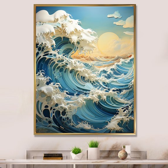 Designart "Waves in Kinetic Blue II" Nautical & Beach Floater Framed Wall Art Print