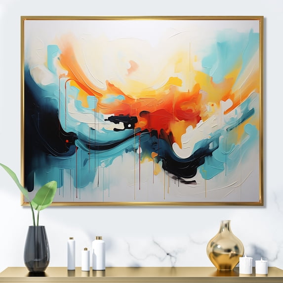 Designart "Waves of Color Blue and Orange Abstract II" Abstract Framed Wall Art - Modern Blue Abstract Painting Entryway Framed Wall Art