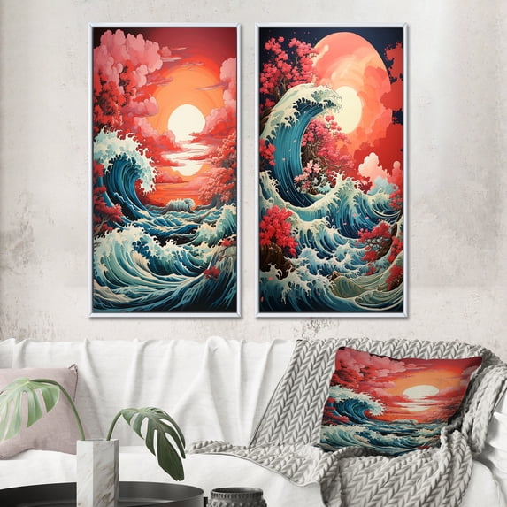 Designart "Waves of Drama V" Beach Framed Wall Art Set Of 2 - Coral Beach Gallery Wall Frame Set For Home Decor