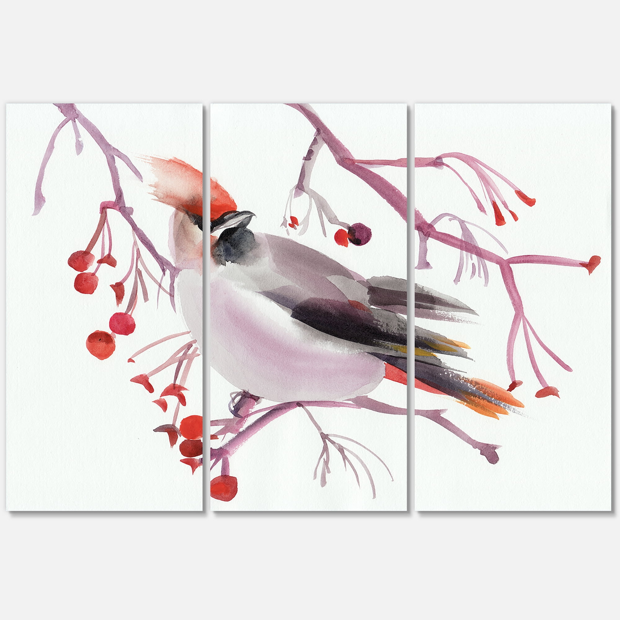 Designart ' Waxwing Bird Sitting On A Branch ' Traditional Canvas Wall Art Print