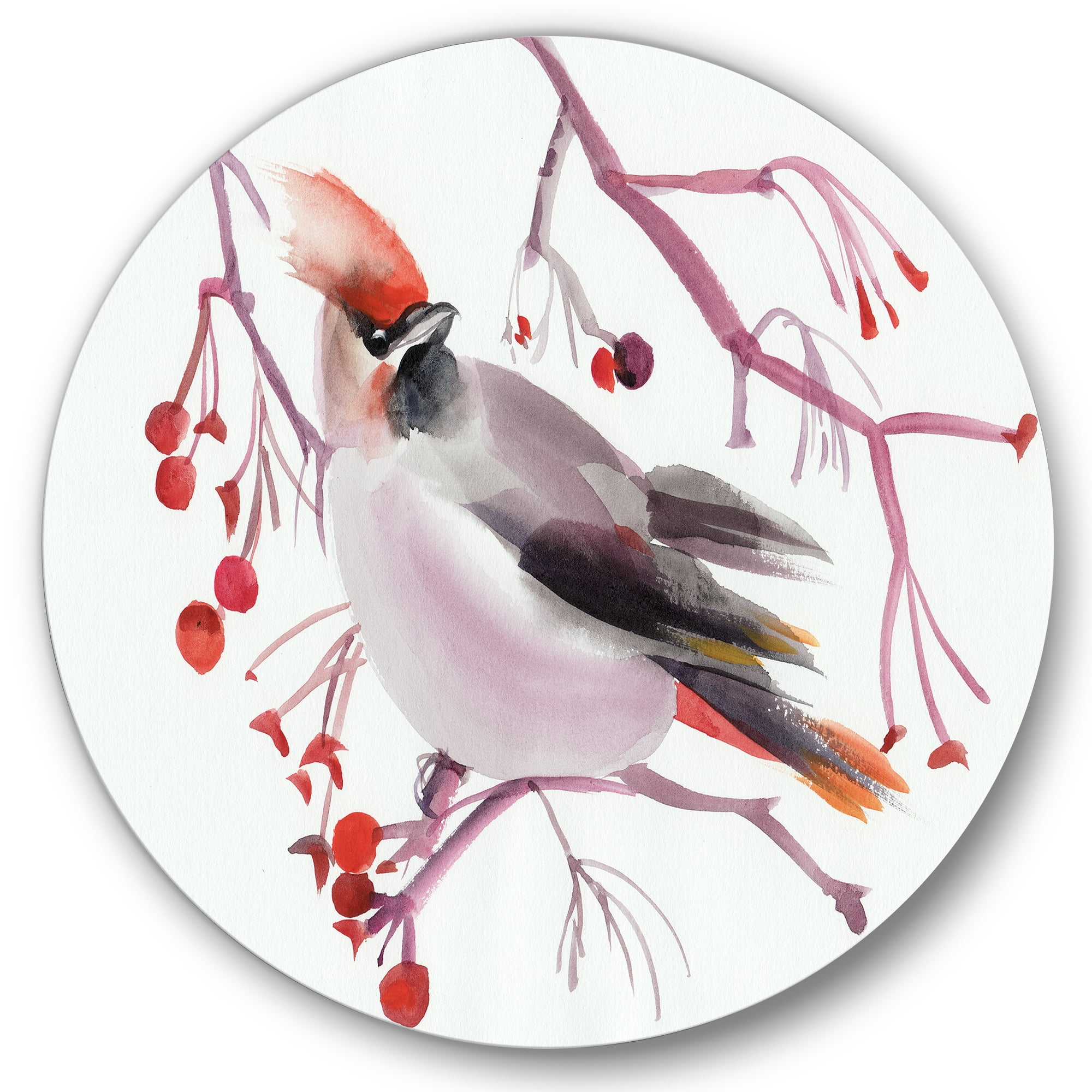 Designart 'Waxwing Bird Sitting On A Branch' Traditional Circle Metal Wall Art 11x11 - Disc of 11
