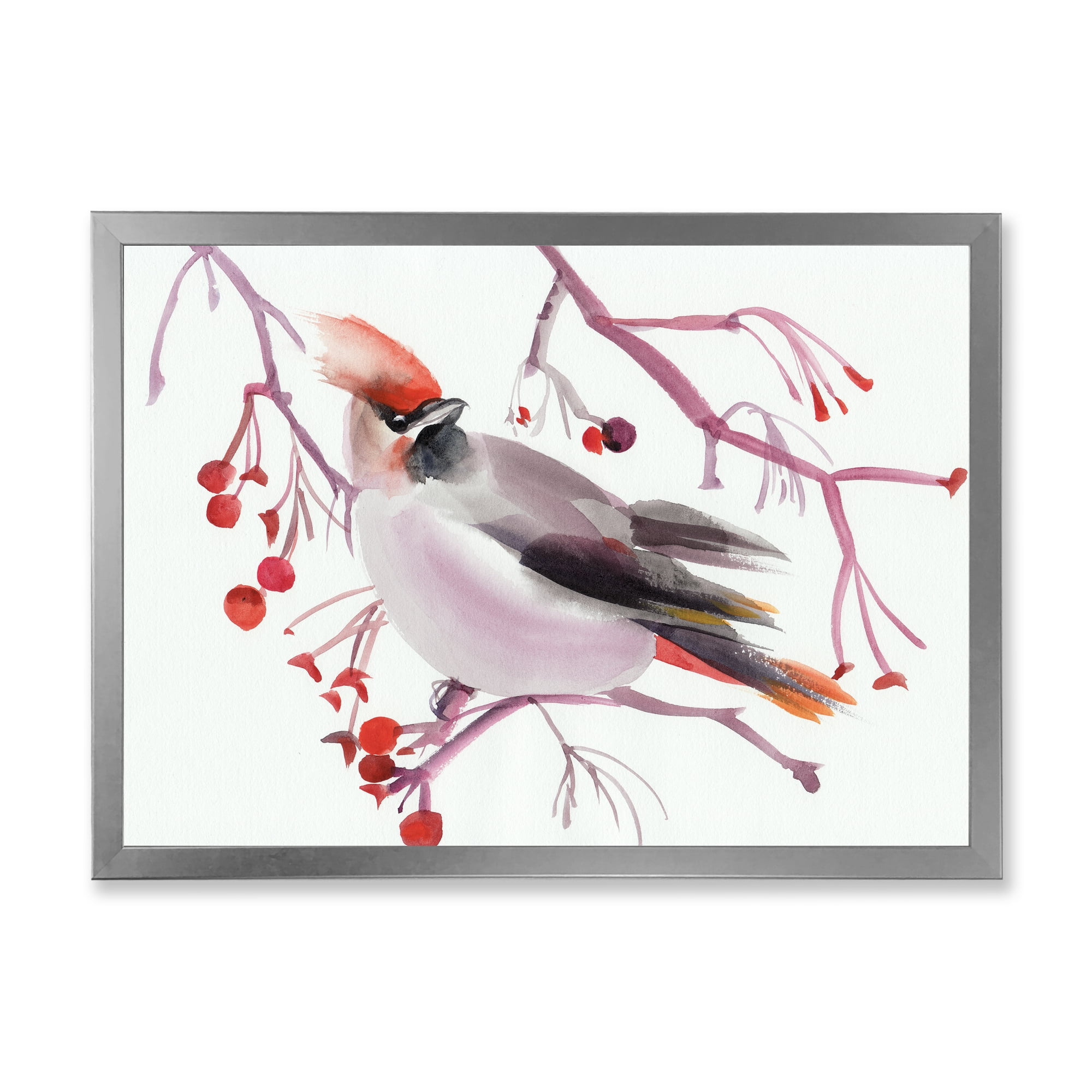 Designart 'Waxwing Bird Sitting On A Branch' Traditional Framed Art Print